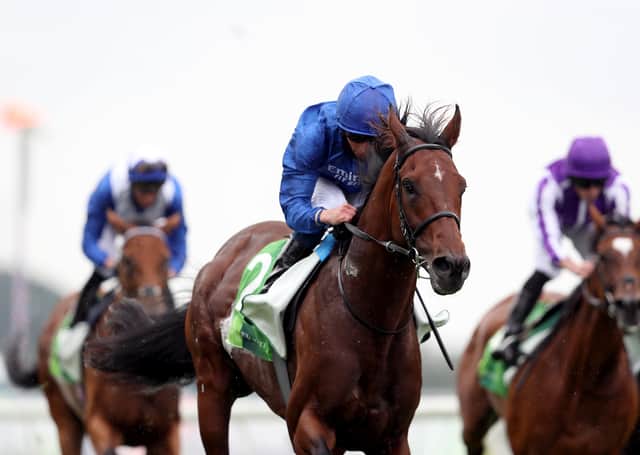 Ghaiyyath and William Buick cruise over the line to win a third Group One this season in the Juddmonte International Stakes at York. Picture: David Davies/PA