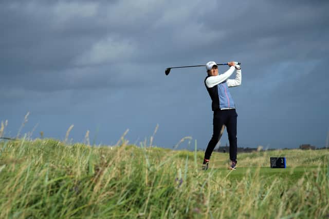 Catriona Matthew tees off at the third hole during the first round of the AIG Women's Open at a windswept Royal Troon. Picture: R&A via Getty Images