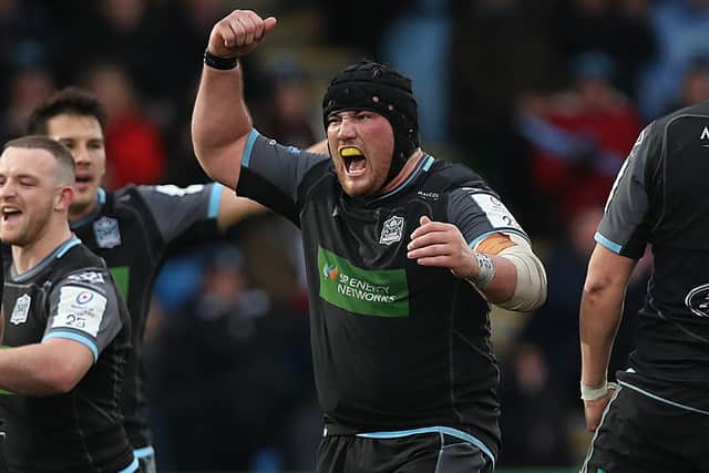 Zander Fagerson celebrating after Glasgow’s Champions Cup victory against Sale Sharks at Scotstoun last November. Picture: Ian MacNicol/Getty Images