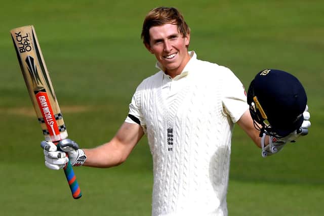England batsman Zak Crawley raises his bat after passing three figures on his way to a score of 171 not out at stumps at the Ageas Bowl. Picture: Mike Hewitt/NMC Pool/PA Wire