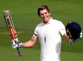 England batsman Zak Crawley raises his bat after passing three figures on his way to a score of 171 not out at stumps at the Ageas Bowl. Picture: Mike Hewitt/NMC Pool/PA Wire