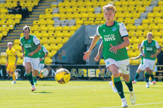 LIVINGSTON, SCOTLAND - AUGUST 08: Josh Doig in action for Hibernian during a Scottish Premiership match between Livingston and Hibernian at the Tony Macaroni Arena, on August 08, 2020, in Livingston, Scotland. (Ross MacDonald / SNS Group)