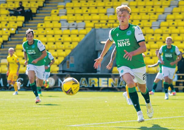 LIVINGSTON, SCOTLAND - AUGUST 08: Josh Doig in action for Hibernian during a Scottish Premiership match between Livingston and Hibernian at the Tony Macaroni Arena, on August 08, 2020, in Livingston, Scotland. (Ross MacDonald / SNS Group)