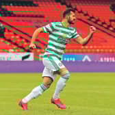 Celtic's Albian Ajeti celebrates scoring his side's first goal of the game during the Scottish Premiership match at Tannadice Park, Dundee. Pic: Steve Welsh/NMC Pool/PA Wire. 