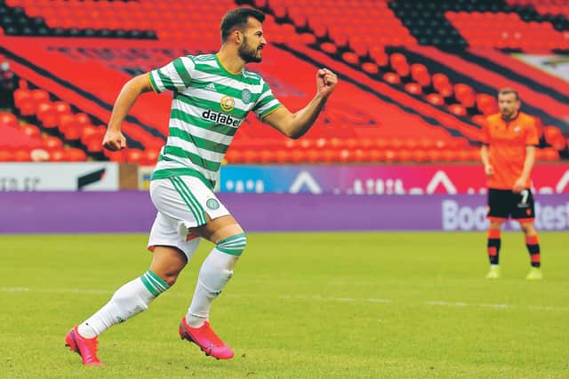 Celtic's Albian Ajeti celebrates scoring his side's first goal of the game during the Scottish Premiership match at Tannadice Park, Dundee. Pic: Steve Welsh/NMC Pool/PA Wire.