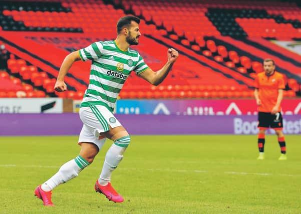 Celtic's Albian Ajeti celebrates scoring his side's first goal of the game during the Scottish Premiership match at Tannadice Park, Dundee. Pic: Steve Welsh/NMC Pool/PA Wire. 