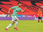 Celtic's Albian Ajeti celebrates scoring his side's first goal of the game during the Scottish Premiership match at Tannadice Park, Dundee. Pic: Steve Welsh/NMC Pool/PA Wire. 