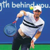 Andy Murray serves to Frances Tiafoe. Picture: Frank Franklin II/AP