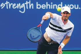 Andy Murray serves to Frances Tiafoe. Picture: Frank Franklin II/AP