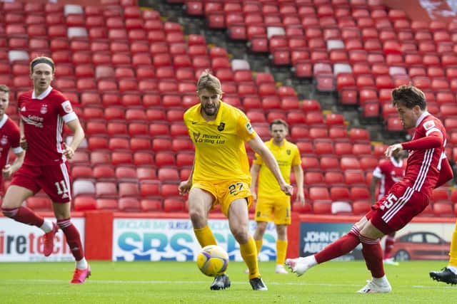 Aberdeen's Scott Wright makes it 2-0 during the Scottish Premiership match against Livingston at Pittodrie. Picture: Alan Harvey/SNS Group