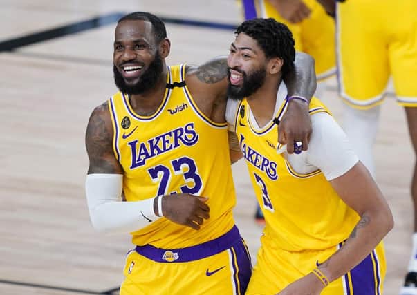 No 23 Lebron James and No 3 Anthony Davis have moved LA Lakers into a good position against Portland. Picture: Ashley Landis-Pool/Getty Images