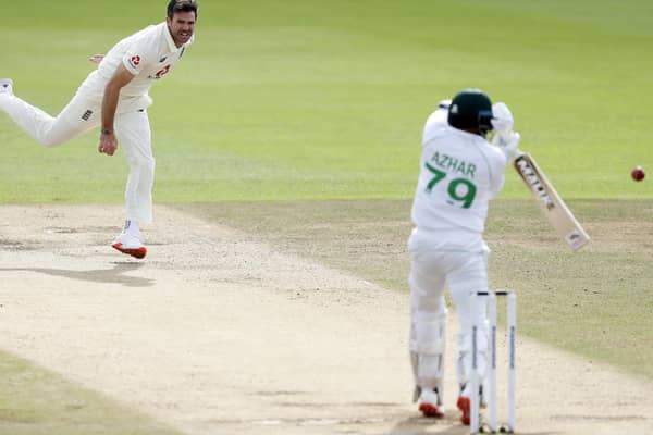 Azhar Ali of Pakistan edges behind giving James Anderson his 600th Test wicket during day five of the third Test at the Ageas Bowl. Picture: Alastair Grant/Pool via Getty Images