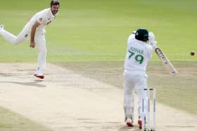 Azhar Ali of Pakistan edges behind giving James Anderson his 600th Test wicket during day five of the third Test at the Ageas Bowl. Picture: Alastair Grant/Pool via Getty Images