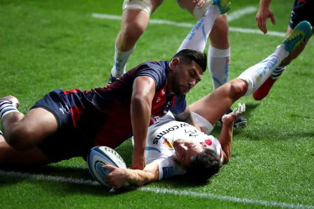 Exeter Chiefs' Sam Hidalgo-Clyne scores his side's second try against Bristol. Picture: Nick Potts/PA Wire