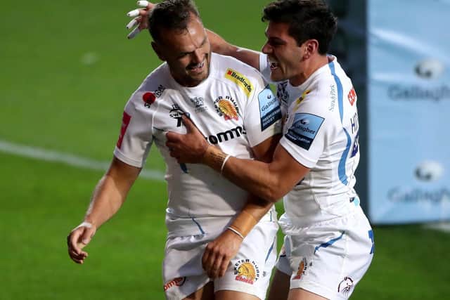 Sam Hidalgo-Clyne, right, celebrates with Exeter team-mate Phil Dollman. Picture: Nick Potts/PA Wire