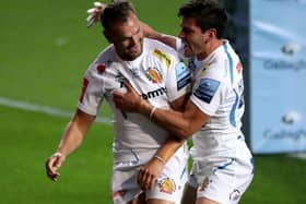 Sam Hidalgo-Clyne, right, celebrates with Exeter team-mate Phil Dollman. Picture: Nick Potts/PA Wire