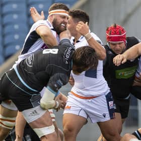 Edinburgh's Nick Haining gets up close and personal with Glasgow Warriors' Ryan Wilson during Saturday's match at BT Murrayfield. Picture: Ross Parker / SNS