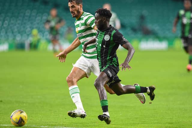 Celtic's Hatem Elhamed was found wanting as Ferencvaros' Tokmac Nguen scored the winner. Picture: Ross MacDonald / SNS