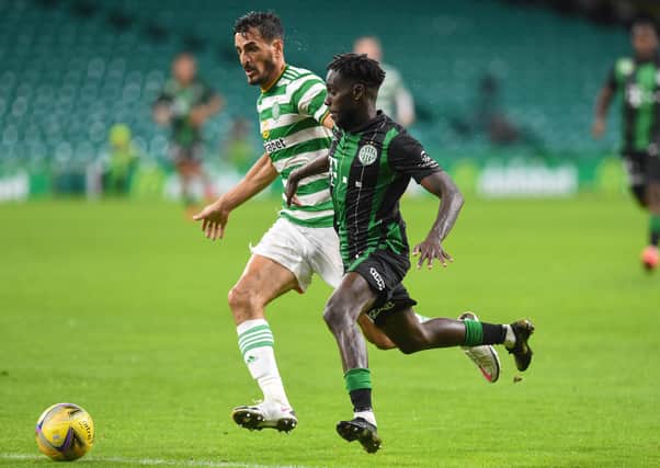 Celtic's Hatem Elhamed was found wanting as Ferencvaros' Tokmac Nguen scored the winner. Picture: Ross MacDonald / SNS
