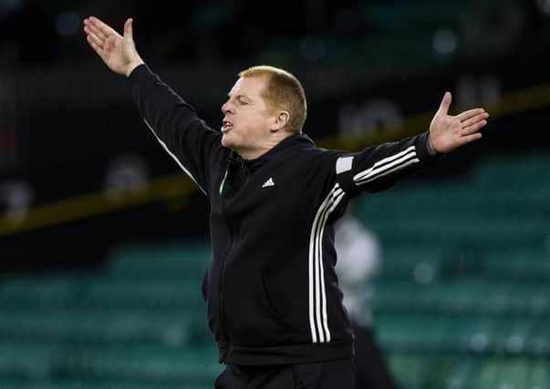 Frustrated Neil Lennon gesticulates to his players during the defeat by Ferencvaros. Picture: Craig Williamson/SNS
