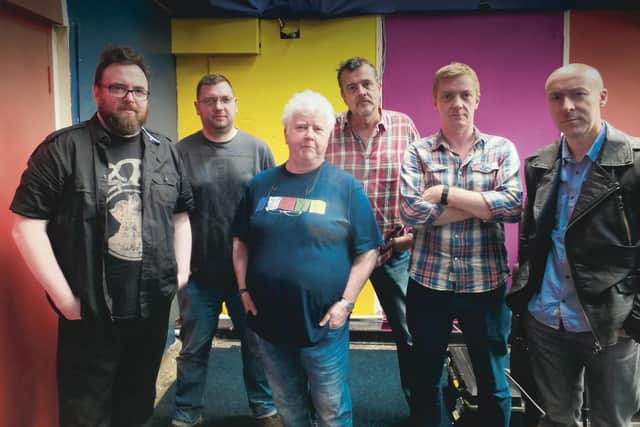 With the Fun Lovin’ Crime Writers, from left: Stuart Neville, Luca Veste, Mark Billingham, Doug Johnstone and Chris Brookmyre
