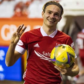 Aberdeen's Ryan Hedges celebrates his hat-trick. Picture: SNS