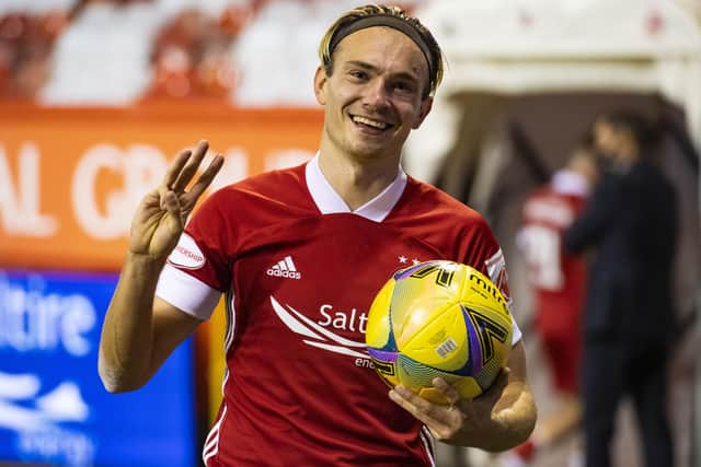 Aberdeen's Ryan Hedges celebrates his hat-trick. Picture: SNS