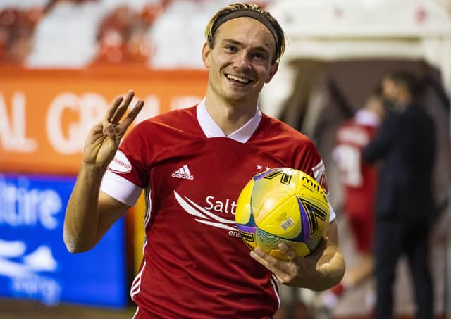 Aberdeen's Ryan Hedges celebrates his hat-trick. Picture: SNS
