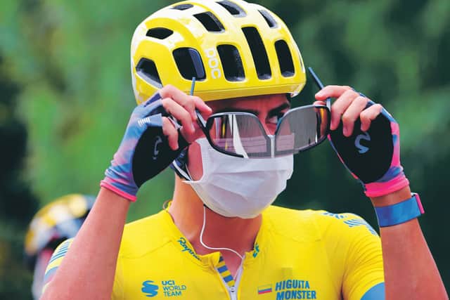 Team Education First rider Colombia's Sergio Higuita has his mask on before the first stage of the Tour de France. Picture: Kenzo Tribouillard/AFP/Getty