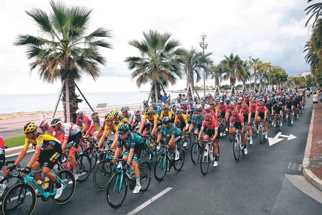 In their Covid-free bubble, the riders embark on the 97-mile first stage around Nice. Picture: Anne-Christine Poujoulat/AFP/Getty