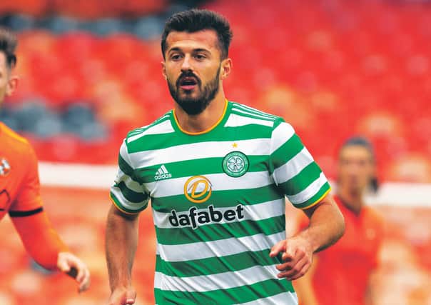 DUNDEE, SCOTLAND - AUGUST 22: Celtic's Albian Ajeti in action during the Scottish Premiership match between Dundee Utd and Celtic at Tannadice, on August 22, 2020, in Dundee, Scotland. (Photo by Alan Harvey / SNS Group)