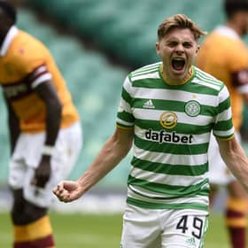 James Forrest celebrates scoring Celtic's opening goal against Motherwell. Picture: PA.