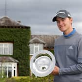 Rasmus Hojgaard shows off his trophy following his victory in the ISPS Handa UK Championship at The Belfry yesterday. Picture: PA.