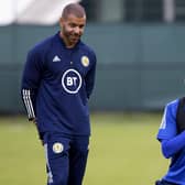 Scotland coach Steven Reid and striker Lyndon Dykes during a training session at the Oriam. Picture: Craig Williamson/SNS