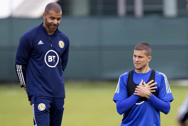 Scotland coach Steven Reid and striker Lyndon Dykes during a training session at the Oriam. Picture: Craig Williamson/SNS