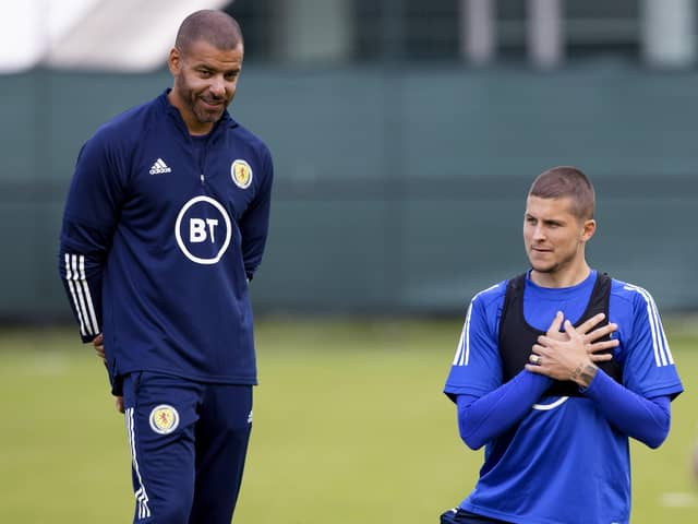 Scotland coach Steven Reid and striker Lyndon Dykes during a training session at the Oriam. Picture: Craig Williamson/SNS