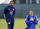 Scotland coach Steven Reid and striker Lyndon Dykes during a training session at the Oriam. Picture: Craig Williamson/SNS