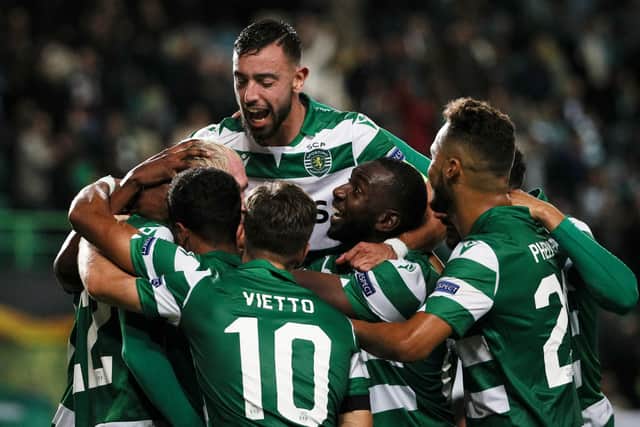 Sporting Lisbon players celebrate during their 4-0 Europa League group win over PSV last November. Picture: Filipe Amorim/AFP via Getty Images