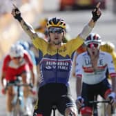 Team Jumbo-Visma’s Primoz Roglic crosses the line in triumph to win stage four in Orcieres-Merlette. Picture: Christophe Ena/AP
