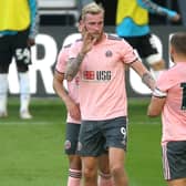 Oli McBurnie, left, during Sheffield United's pre-season friendly against Derby at Pride Park on Tueday night. Picture: Nigel French/PA Wire