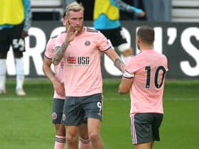 Oli McBurnie, left, during Sheffield United's pre-season friendly against Derby at Pride Park on Tueday night. Picture: Nigel French/PA Wire