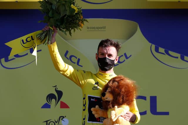 Adam Yates on the podium. Picture: Thibauld Camus/AFP