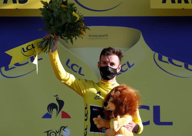 Adam Yates on the podium. Picture: Thibauld Camus/AFP