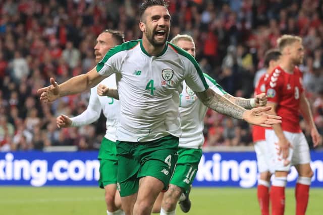 Shane Duffy celebrates scoring for the Republic of Ireland against Denmark in a Euro 2020 qualifier in Copenhagen. Picture: PA