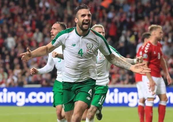 Shane Duffy celebrates scoring for the Republic of Ireland against Denmark in a Euro 2020 qualifier in Copenhagen. Picture: PA