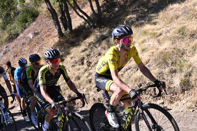 Britain’s Adam Yates rides at the front of a group on the climb to Mont Aigoual on Stage 6. Picture: Marco Bertorello/AFP