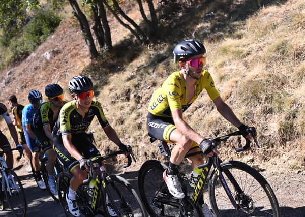 Britain’s Adam Yates rides at the front of a group on the climb to Mont Aigoual on Stage 6. Picture: Marco Bertorello/AFP