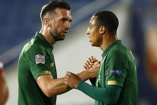 Ireland goal hero Shane Duffy, left, and debutant Adam Idah. Picture: Anton Uzunov/AP