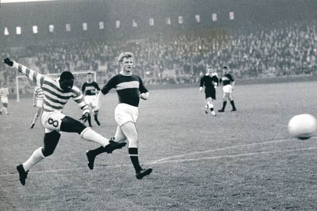 Ayrton Inacio scores for Celtic against Motherwell in 1965.