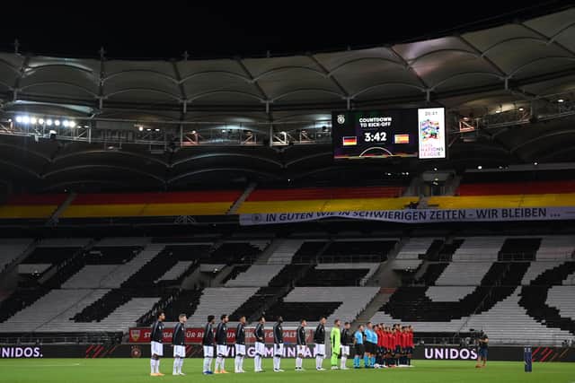 Two of the world’s top sides, Germany and Spain, drew 1-1 in an empty Merecdes Benz Arena in Stuttgart. Picture: Matthias Hangst/Getty